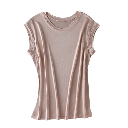 Women's Round Neck Short Silk T-shirt, 100% Silk