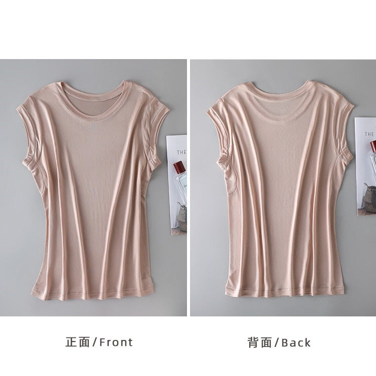 Women's Round Neck Short Silk T-shirt, 100% Silk