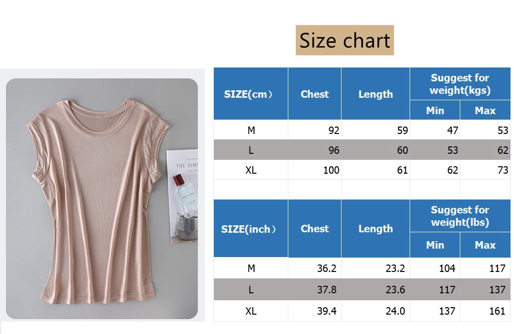 Women's Round Neck Short Silk T-shirt, 100% Silk