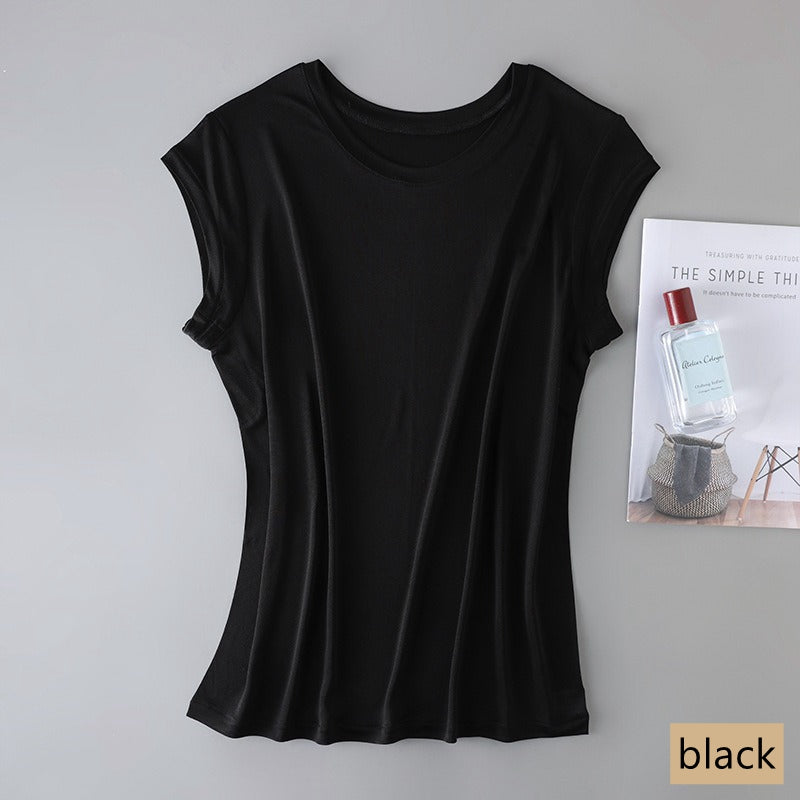 Women's Round Neck Short Silk T-shirt, 100% Silk