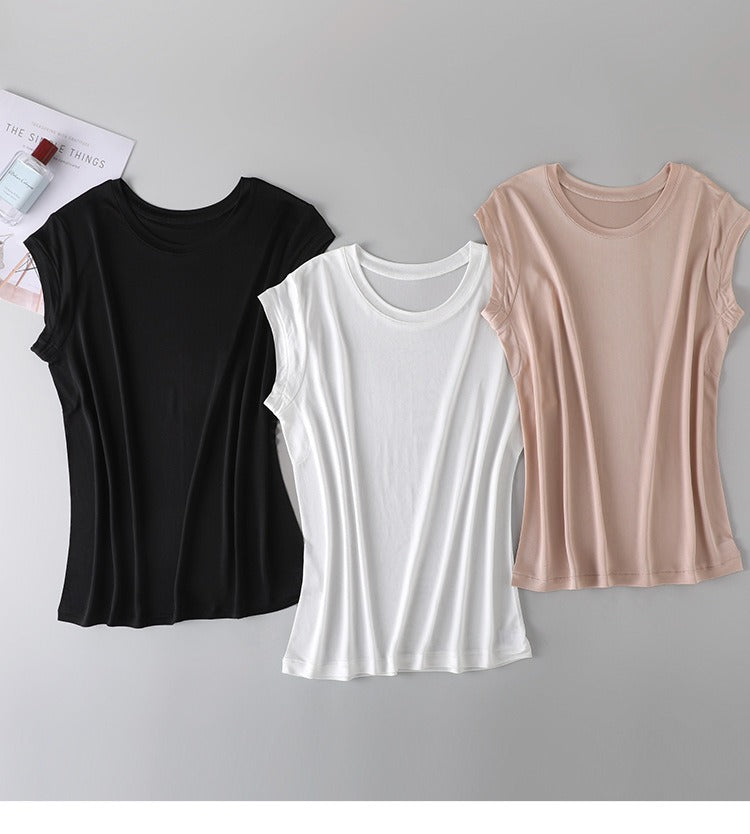 Women's Round Neck Short Silk T-shirt, 100% Silk