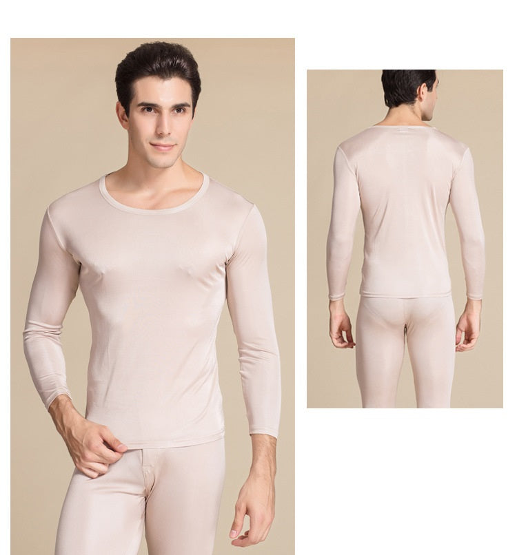 HOMMES Ensemble thermique/Leggings/Chemises en soie de mûrier, Col rond