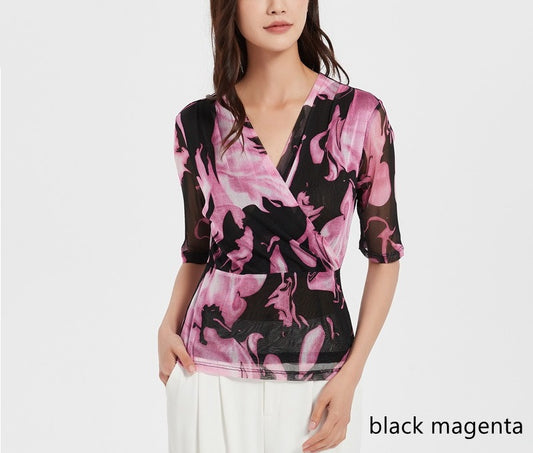 Women 100% Silk Shirt/Blouse, V neck, printed mesh silk