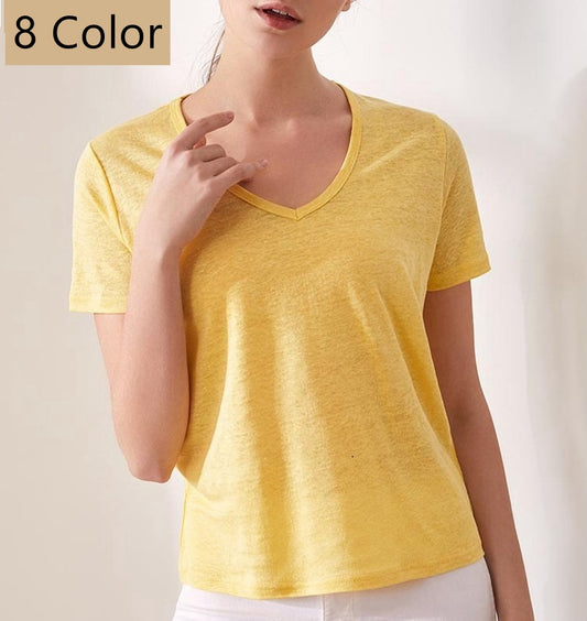 Women Silk Linen T-shirt, V Neck, 8 Colors