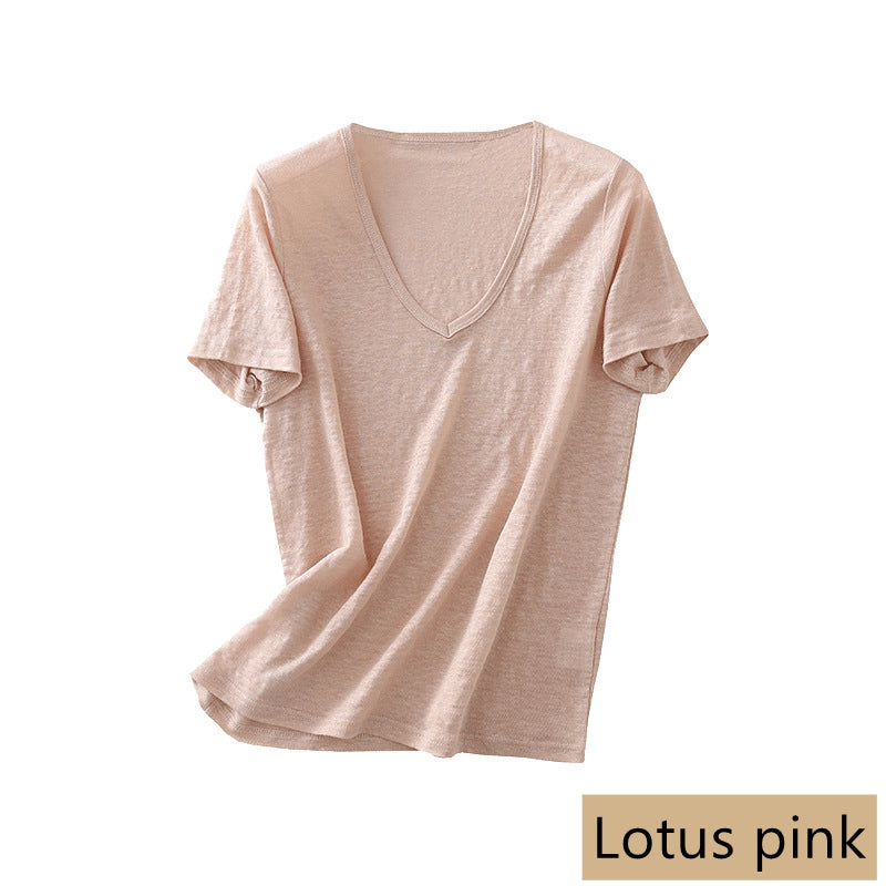 Women Silk Linen T-shirt, V Neck, 8 Colors