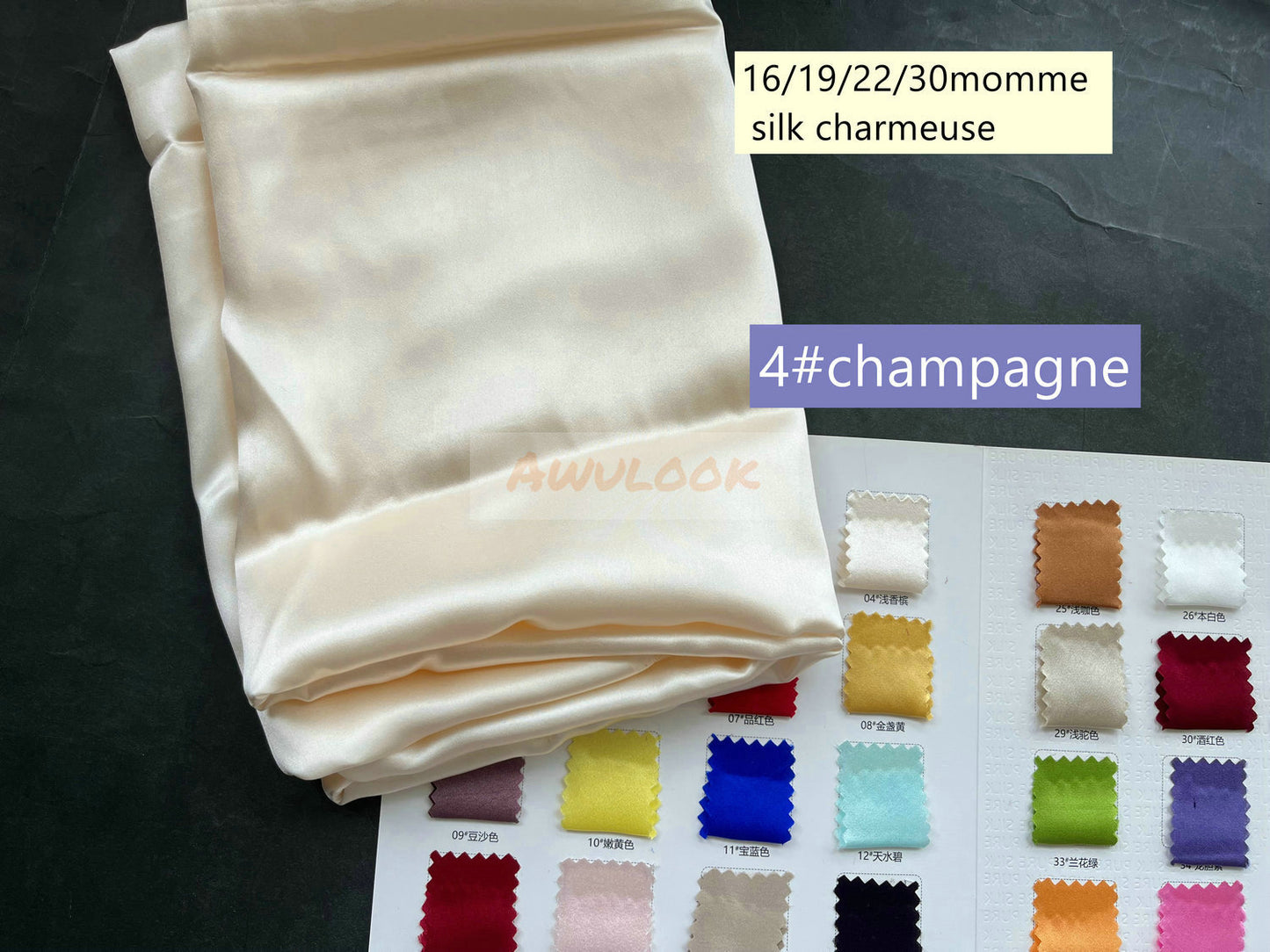 16/19/22/30Momme Silk Charmeuse Fabric, 96 Solid Colors, Width 114cm/45" - Awulook