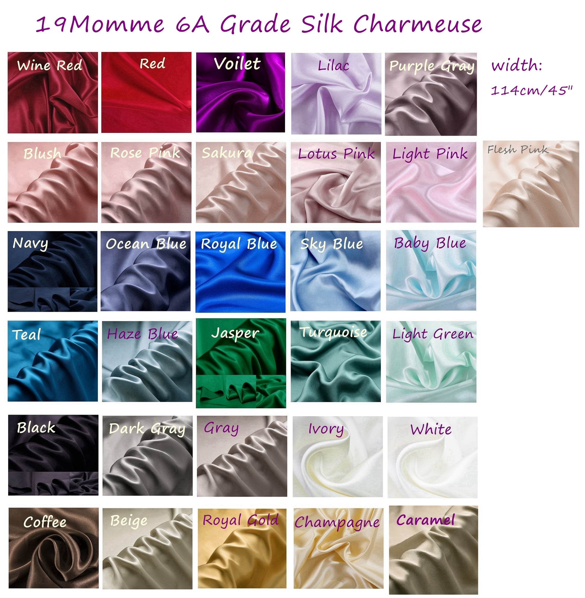 19Momme Mulberry Silk Charmeuse, Width 114cm/45" - Awulook