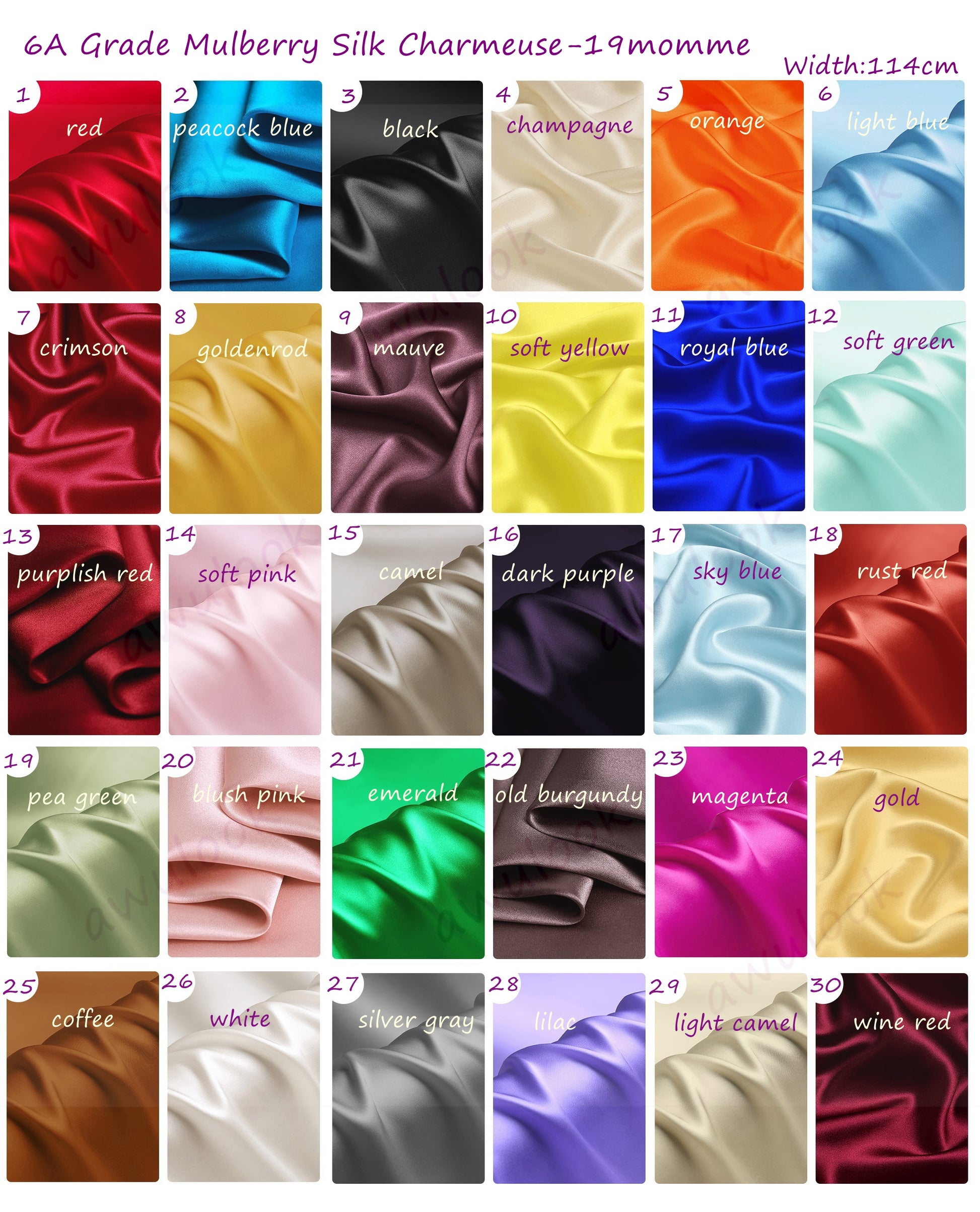 19Momme Silk Charmeuse, Width 114cm/45"| Color 1#-30# - Awulook