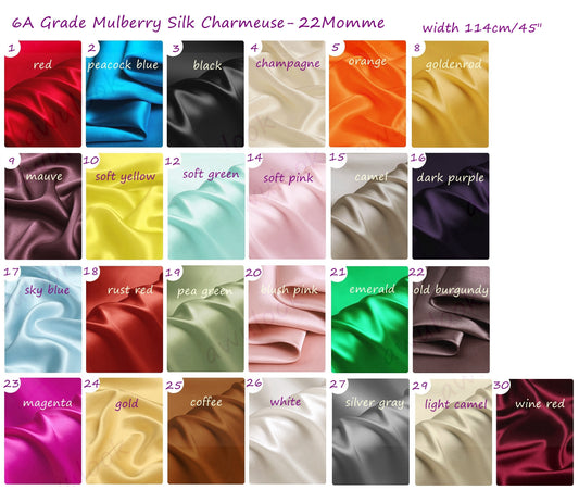 22Momme Silk Charmeuse, Width 114cm/45"| Color 1#-30# - Awulook