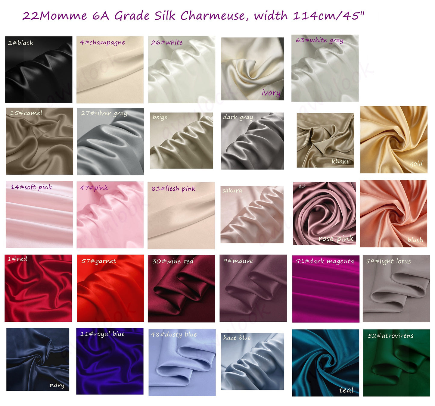 22Momme Mulberry Silk Charmeuse, Width 114cm/45" - Awulook