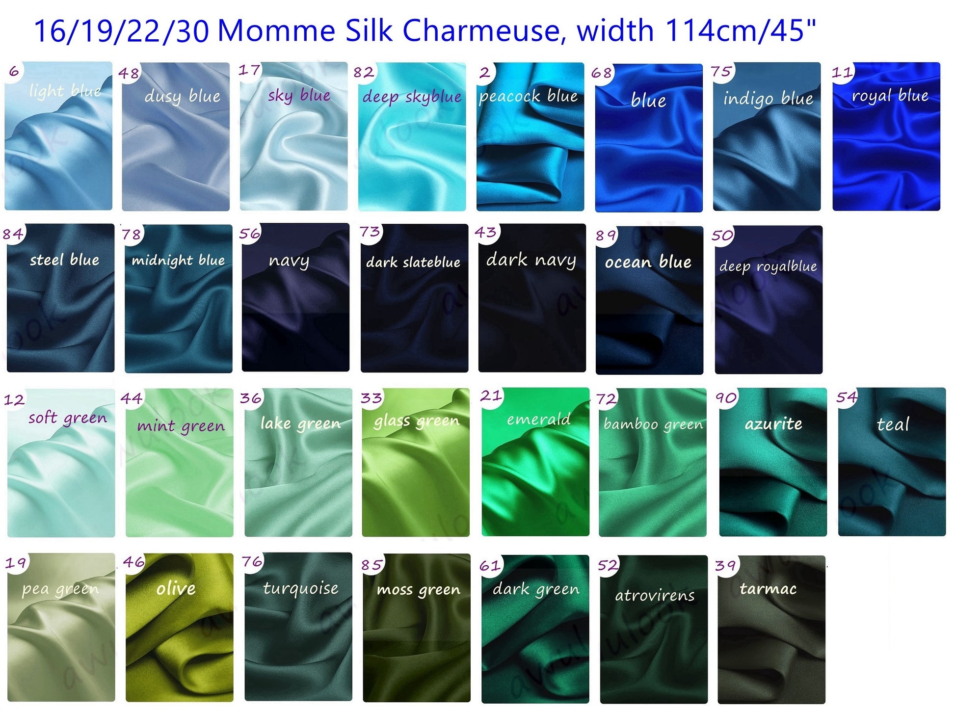 16/19/22/30Momme Silk Charmeuse Fabric, 96 Solid Colors, Width 114cm/45" - Awulook