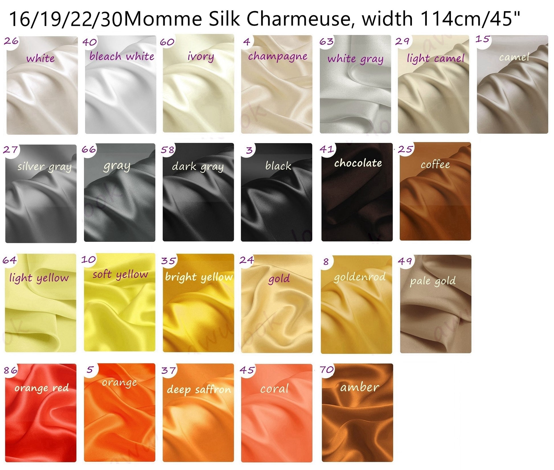 16/19/22/30Momme Silk Charmeuse Fabric, 96 Solid Colors, Width 114cm/45" - Awulook