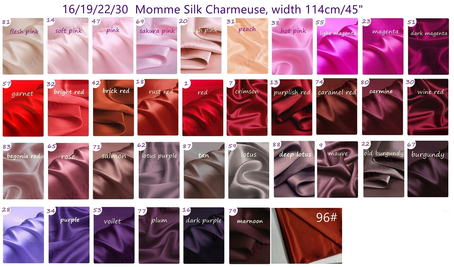 16/19/22/30Momme Silk Charmeuse Fabric, 96 Solid Colors, Width 114cm/45" - Awulook