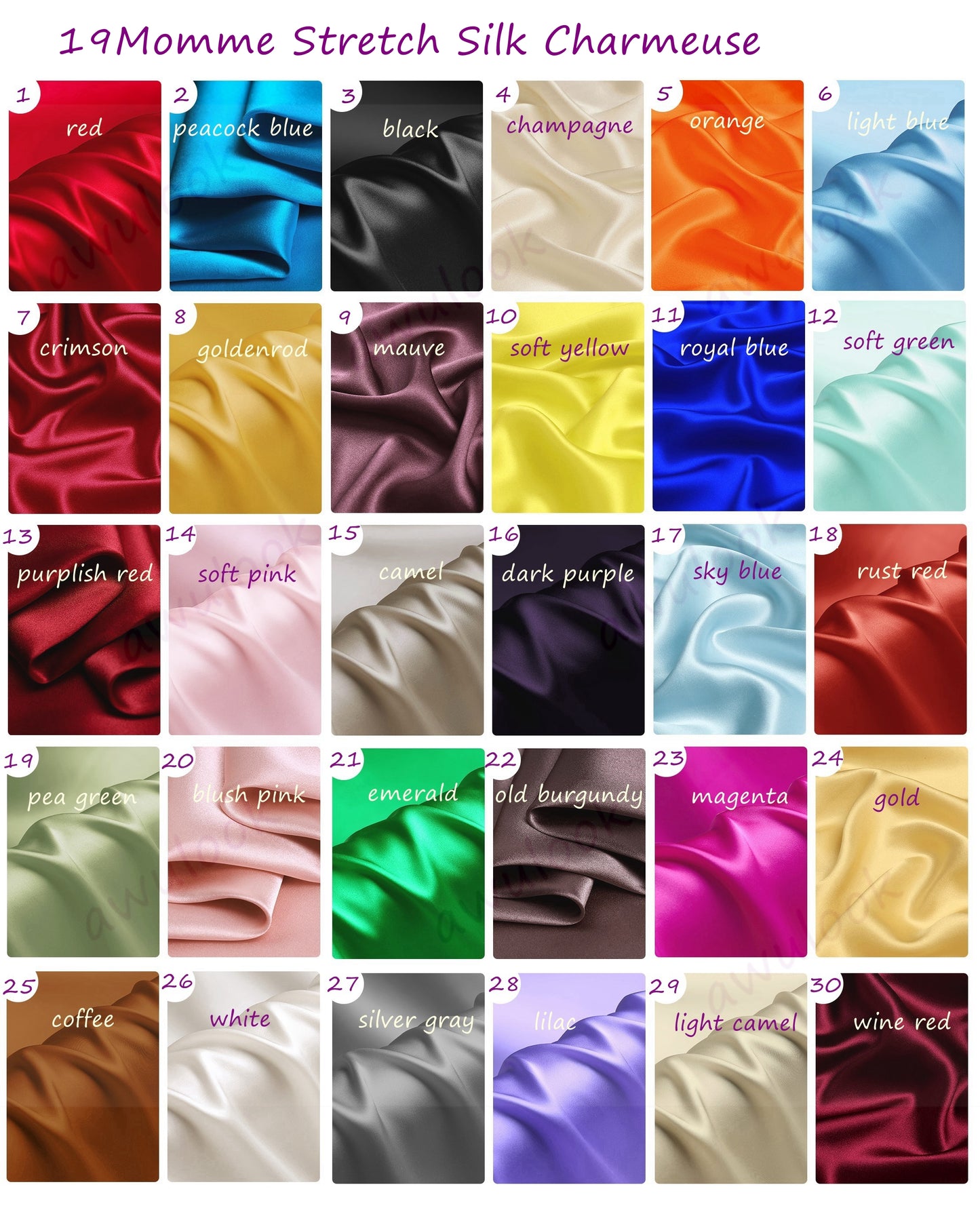 19Momme Stretch Silk Charmeuse, Width 108cm/43"| Color 1#-30# - Awulook