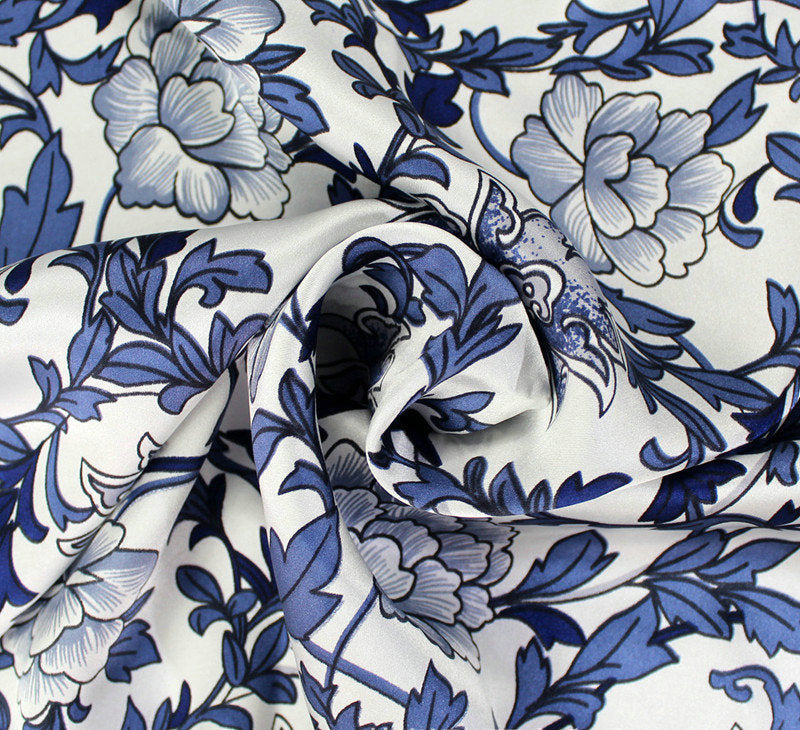 Blue Rose Floral Printed 100% Silk Charmeuse|Width 114cm/45inch