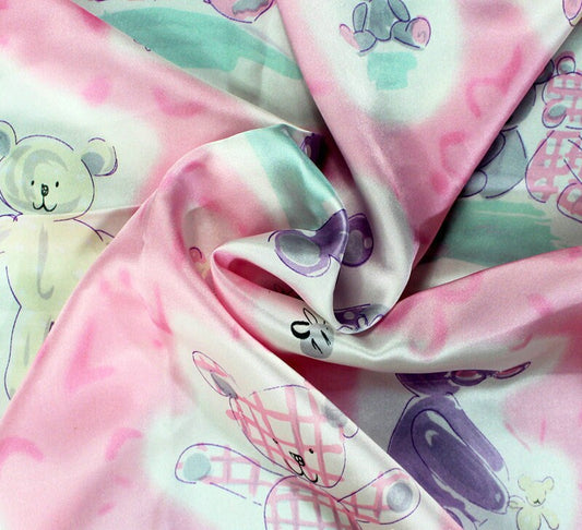 Pink Bears Printed Silk Charmeuse, Width 114cm/45in - Awulook