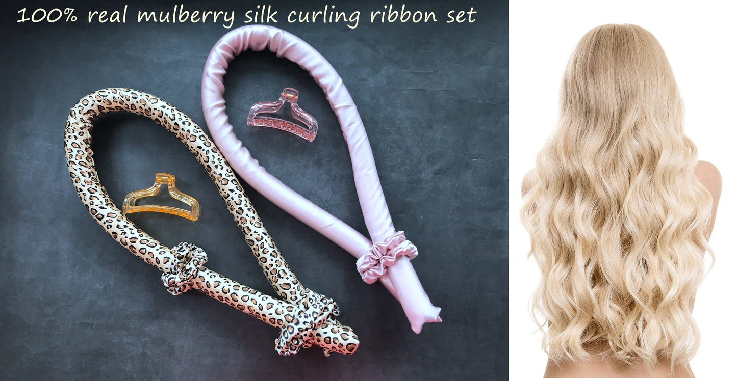 100% Silk Heatless Hair Curling Ribbon Scrunchy Set