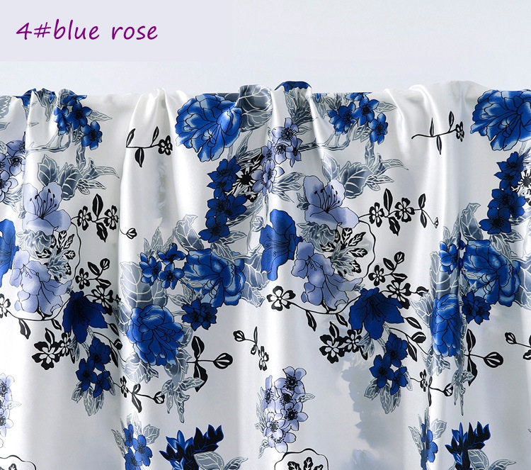 Blue Rose Floral Printed 100% Silk Charmeuse|Width 114cm/45inch