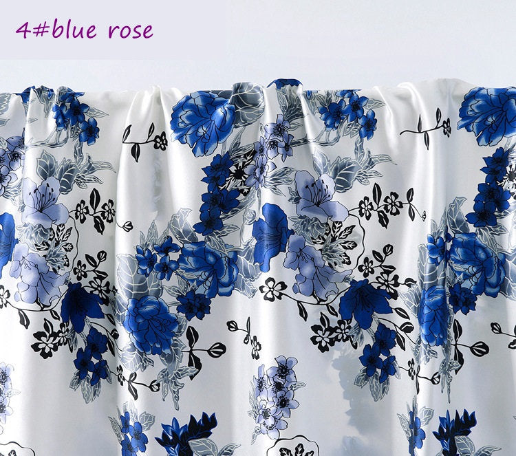 Charmeuse de soie imprimée florale rose bleue, tissu 100 % soie de mûrier par cour/mètre | Largeur 114 cm/45 pouces