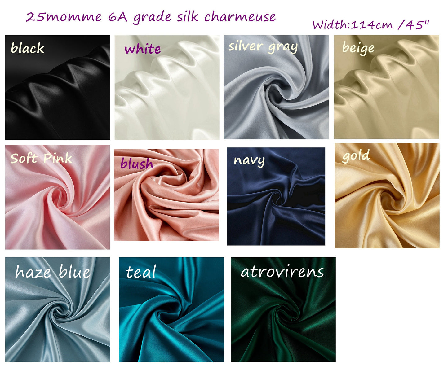 25Momme 6A Grade Silk Charmeuse, Width 114cm, 11 Solid Colors - Awulook