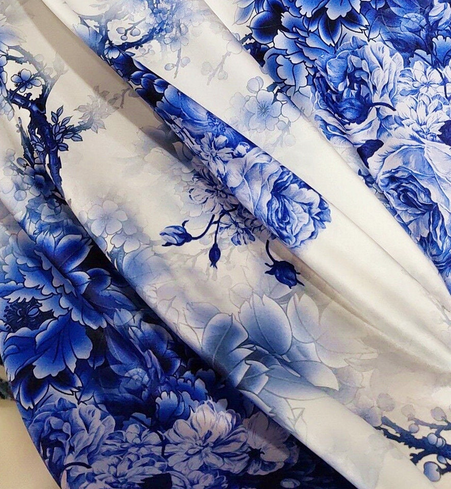 Blue Peony Stretch Silk Charmeuse, 19momme, Width 120cm/47" - Awulook