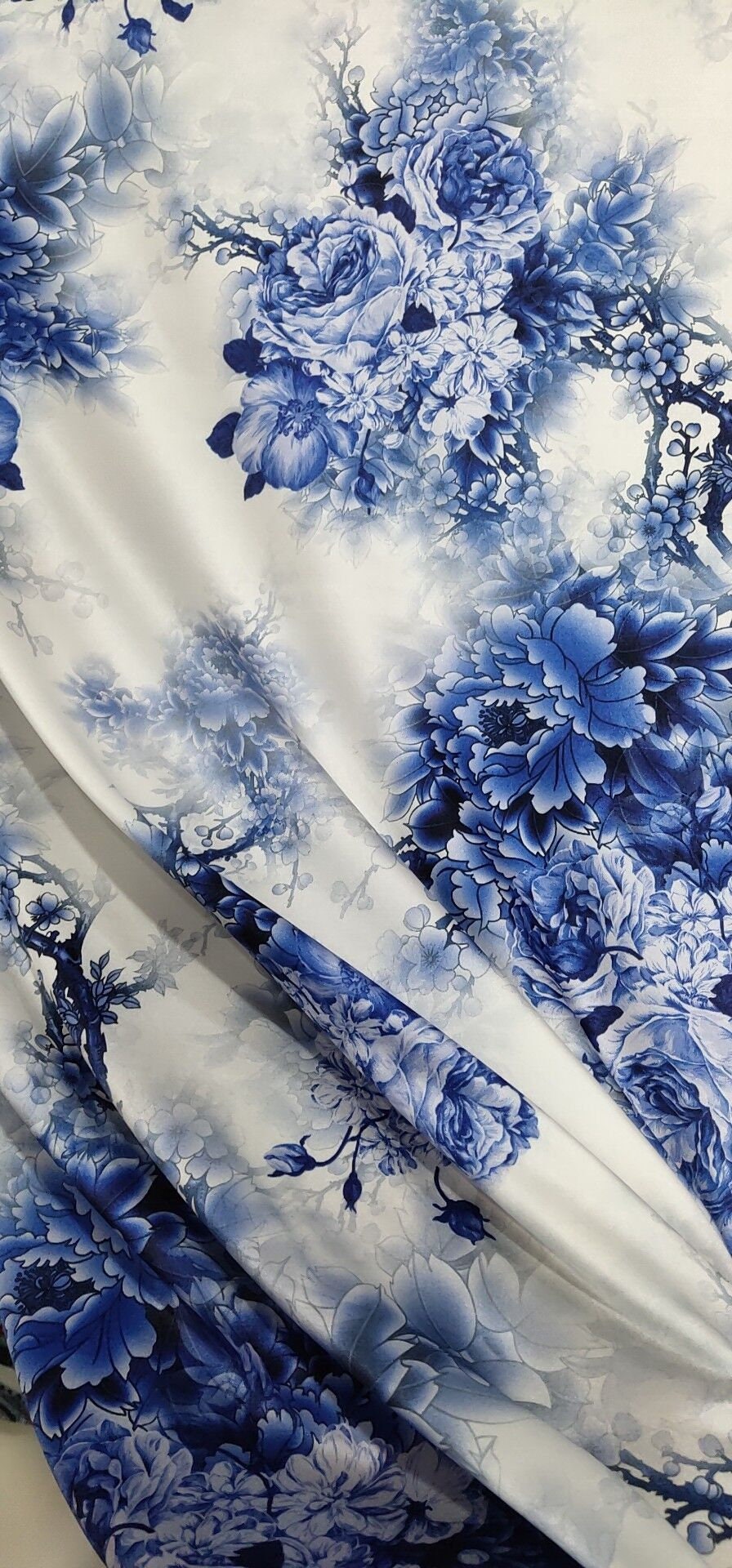 Blue Peony Stretch Silk Charmeuse, 19momme, Width 120cm/47" - Awulook