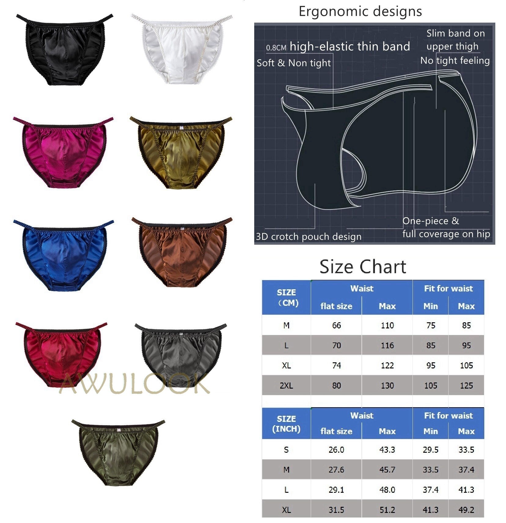 Men's Silk Brief, 3D crotch pouch, Bikini Underwear, 9 Colors, 100% Mulberry silk