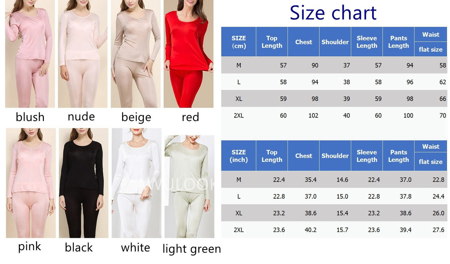 Women Mulberry Silk Thermal Set/Leggings/Long Sleeve Shirts, 9 colors