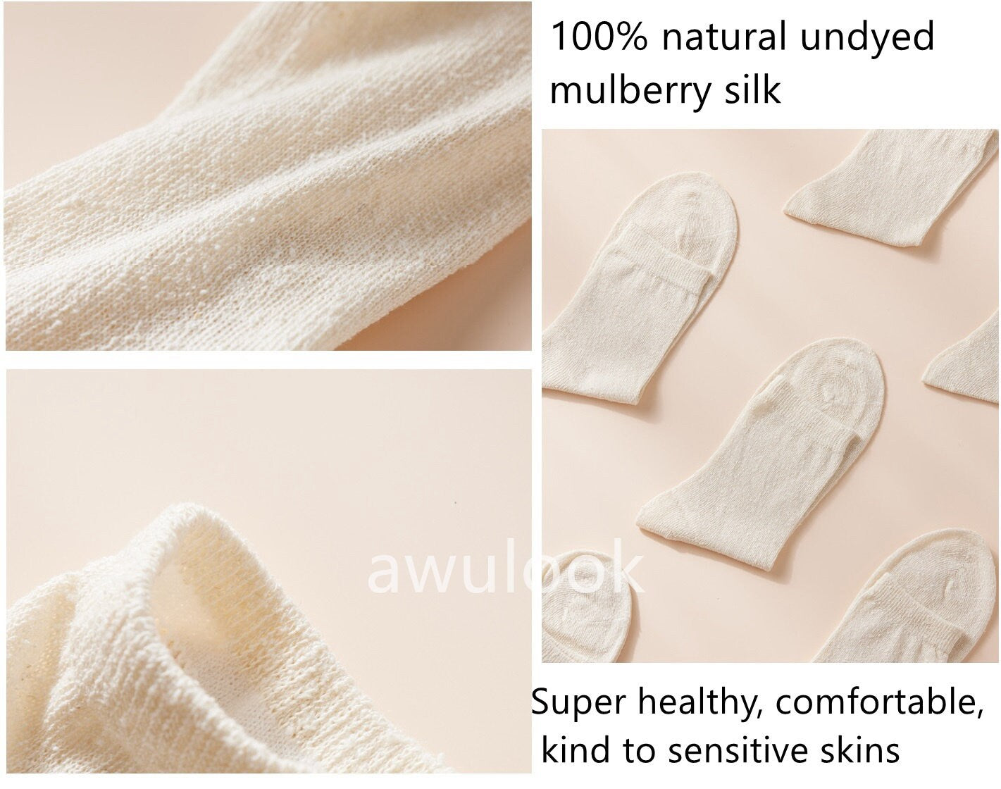 100% Natural Silk Socks, Undyed Nature Mulberry Silk, Women/ Men Silk Socks, SPA/Sleeping socks