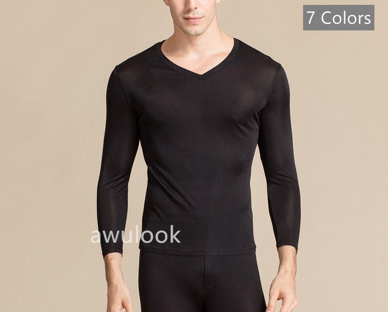 MEN Mulberry Silk Thermal Set/Leggings/Top, V neck - Awulook